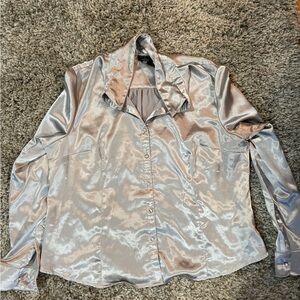 Silver Satin Button-Up Blouse